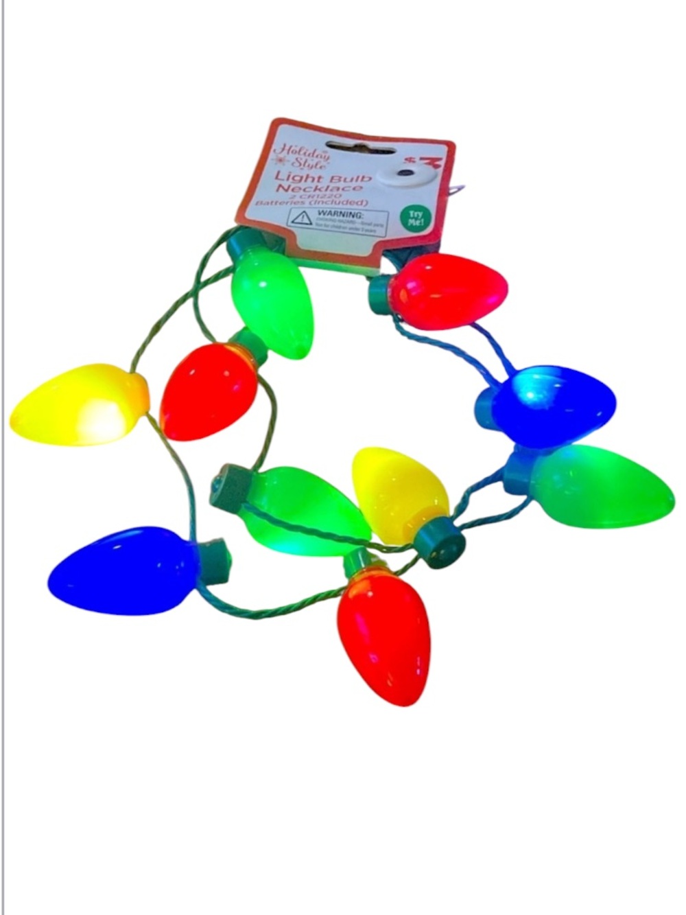 Holiday style light bulb necklace 2cr1220 batteries included